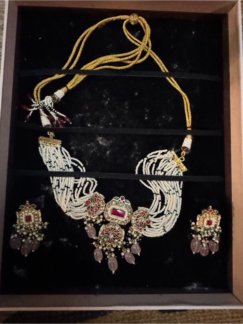 White Beaded Multi-Strand Necklace with Pink and Gold Accents